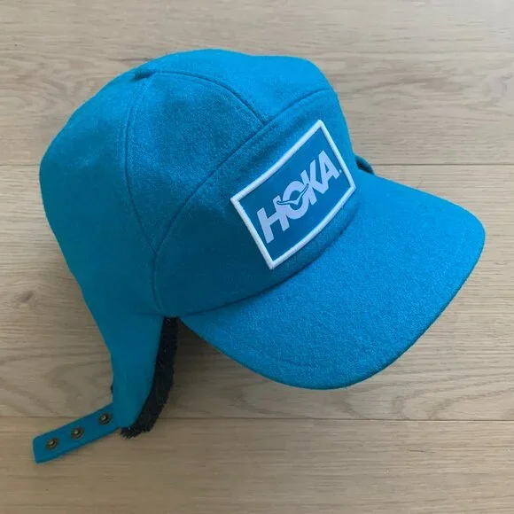 HOKA ONE ONE Wool Aviator Trapper Hat Blue Winter Ear Flap Ski Outdoor Cap - Picture 14 of 14